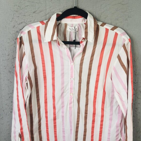 Velvet by Graham & Spencer Shirt Womens XS White Pink Brown Striped Button Front - Picture 12 of 16